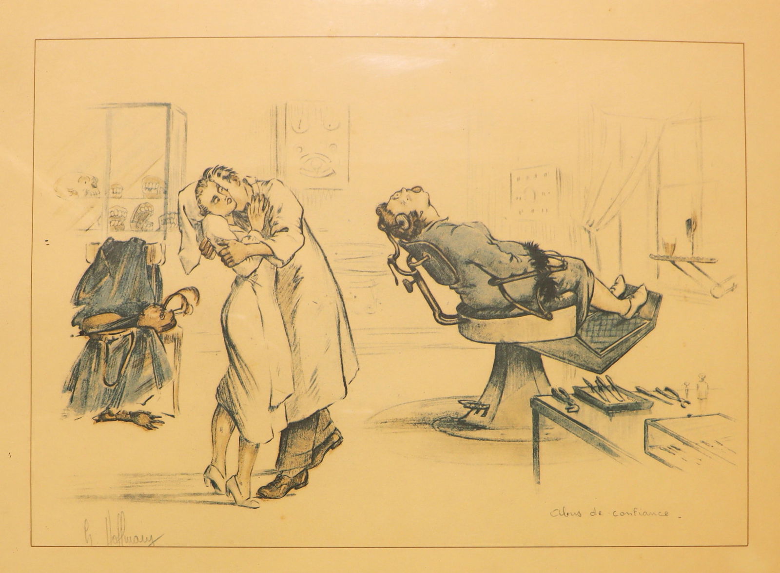 Framed Vintage print of "The Extraction" is a satirical lithograph by the artist Gaston Hoffmann - 2