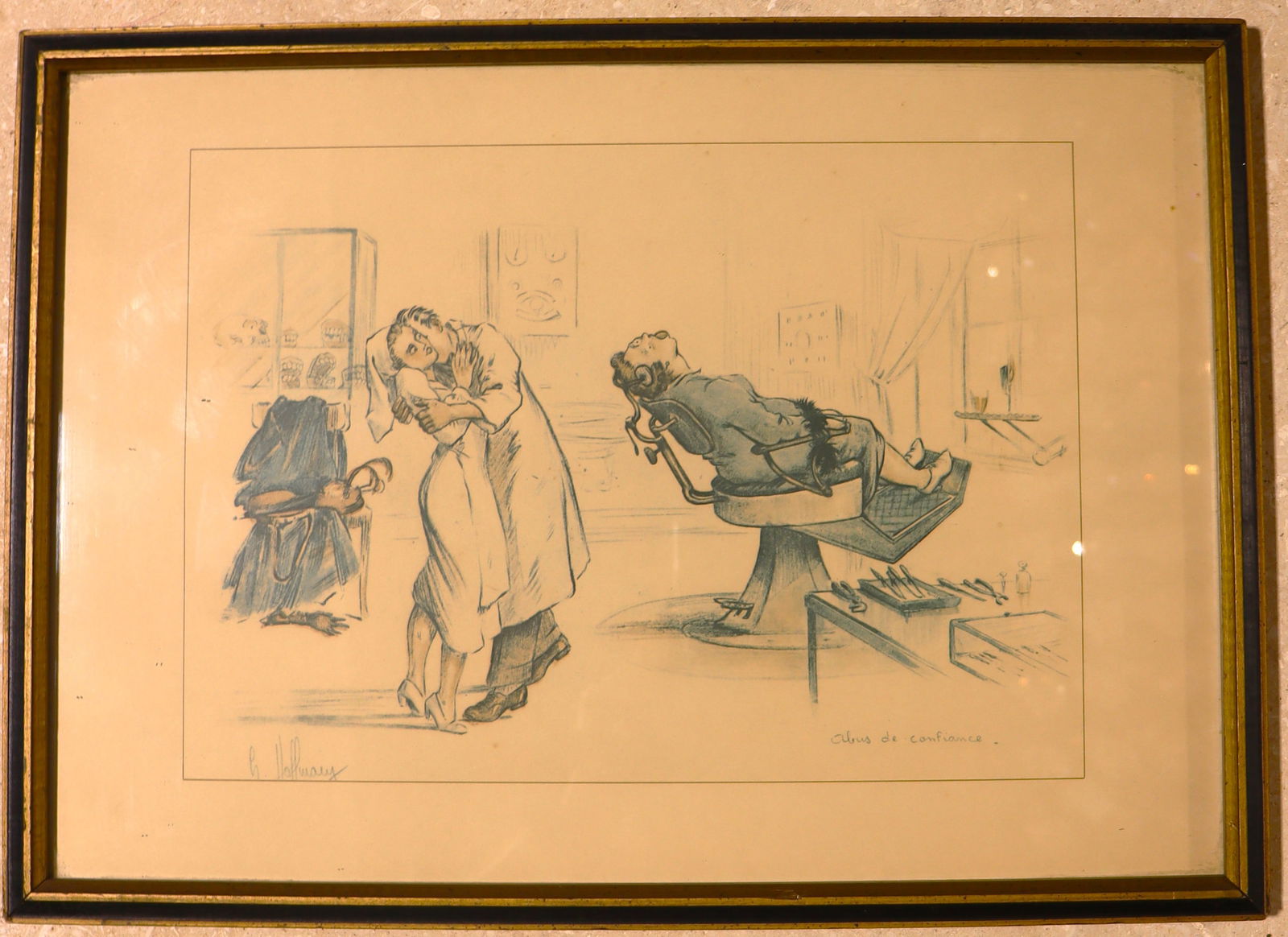 Framed Vintage print of "The Extraction" is a satirical lithograph by the artist Gaston Hoffmann - 4