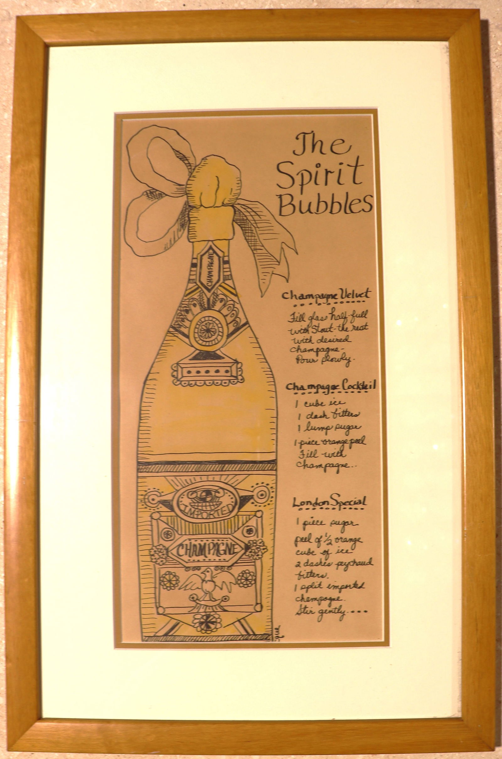 Framed Vintage illustration titled "The Spirit Bubbles": Framed Vintage illustration titled "The Spirit Bubbles" The image displays an illustration titled "The Spirit Bubbles" that features a detailed drawing of a champagne bottle