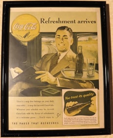 Framed Vintage Advertising for Coca-Cola from 1941. titled "Refreshment arrives"