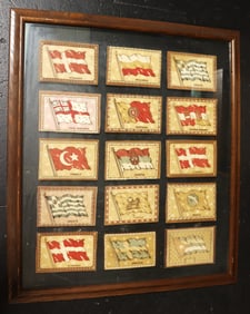 Framed Vintage collection of vintage flags, these are known as "cigarette silks" or "tobacco felts,