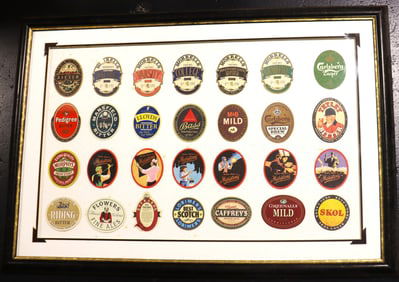 Framed Vintage collection of vintage beer coasters