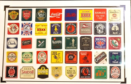 Framed Vintage collection of vintage British pub beer mats or coasters