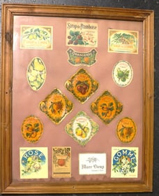 Framed Vintage Advertising labels for various syrups,
