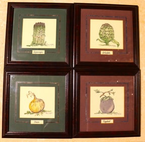 Set of Four Framed vegetable prints signed Mary Hughes