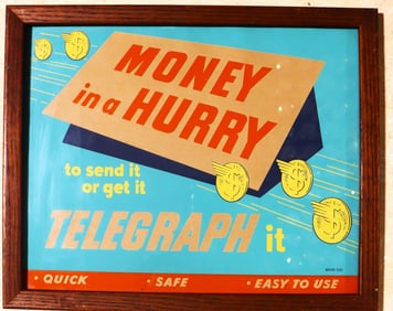 Framed Vintage Advertising promoting the use of a telegraph service to send or receive money