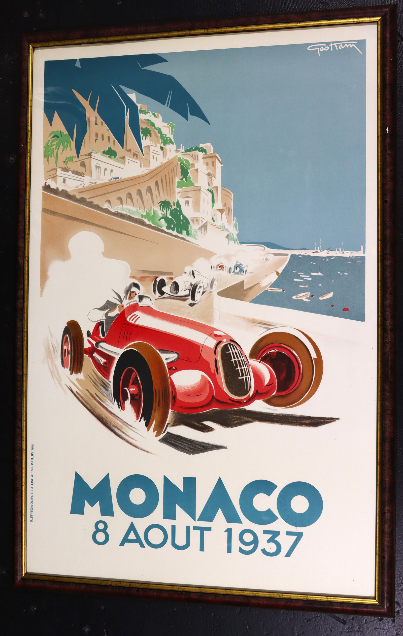 Framed classic poster for the 1937 Monaco Grand Prix: Framed classic poster for the 1937 Monaco Grand Prix, the iconic artwork was created by Geo Ham (Georges Hamel), a renowned automotive artist.