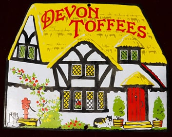 Vintage Devon Toffees Enamel Cottage Sign, ENGLAND HAND PAINTED PORCELAIN