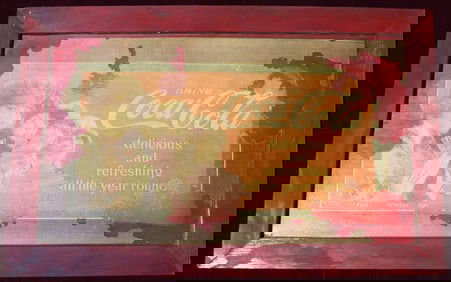 Framed, vintage Coca-Cola wood advertising sign. The text on the sign, "Drink Coca-Cola