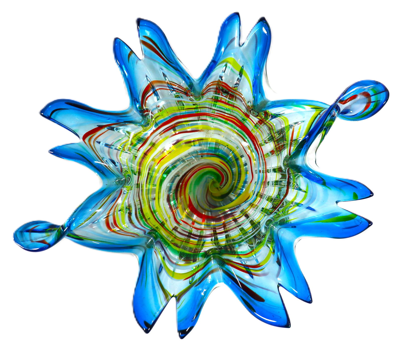 vintage Italian Murano art glass bowl or sculptural centerpiece.: Vintage Italian Murano art glass bowl or sculptural centerpiece. It features a distinctive abstract star or flower design with pinched, twisted points in blue glass. The interior has a vibrant, s