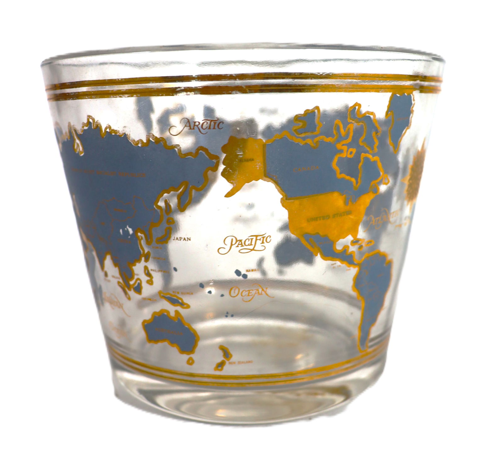 Vintage Cera "World Map" or "Maps" pattern glass ice bucket featuring gold trim and blue/grey: Vintage Cera "World Map" or "Maps" pattern glass ice bucket featuring gold trim and blue/grey detailing. DIMENSIONS: Height 4.90 inch / 12,5 cm &nb