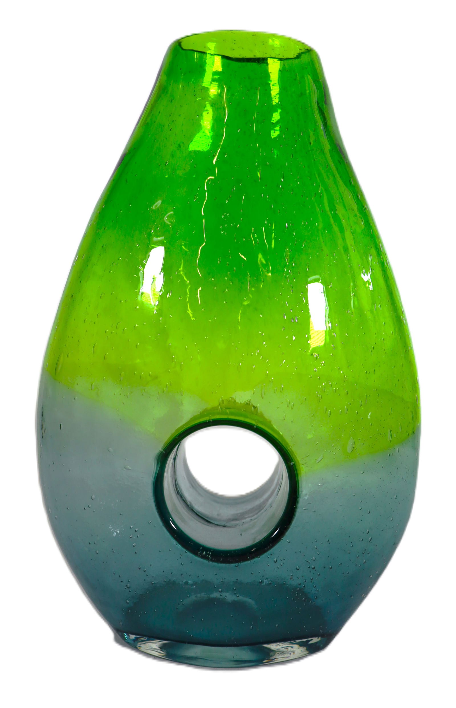 hand-blown art glass vase with a distinctive "donut hole" or "doughnut hole" design, featuring a: Handblown glass vase. It features a unique doughnut or hole-in-the-middle design. The glass is handblown, From Bombay Company of CANADA dated 2004 (a hole in the middle inside du vase du a b