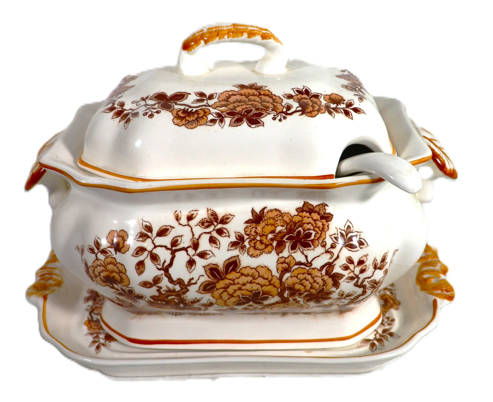 vintage Vicki of Japan mid-century ceramic soup tureen with a lid, underplate, and ladle in a brown: Vintage Vicki of Japan mid-century ceramic soup tureen with a lid, underplate, and ladle in a brown floral and leaf pattern. The tureen has decorative leaf-shaped handles and a notched lid to acc