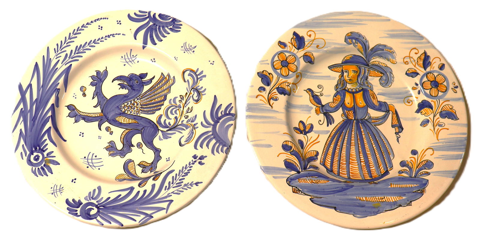 Pair of Large hand-painted ceramic plates in the Talavera style from Spain: Pair of hand-painted ceramic plates in the Talavera style from Spain DIMENSIONS for Each one: Height 1.90 inch / 5 cm 