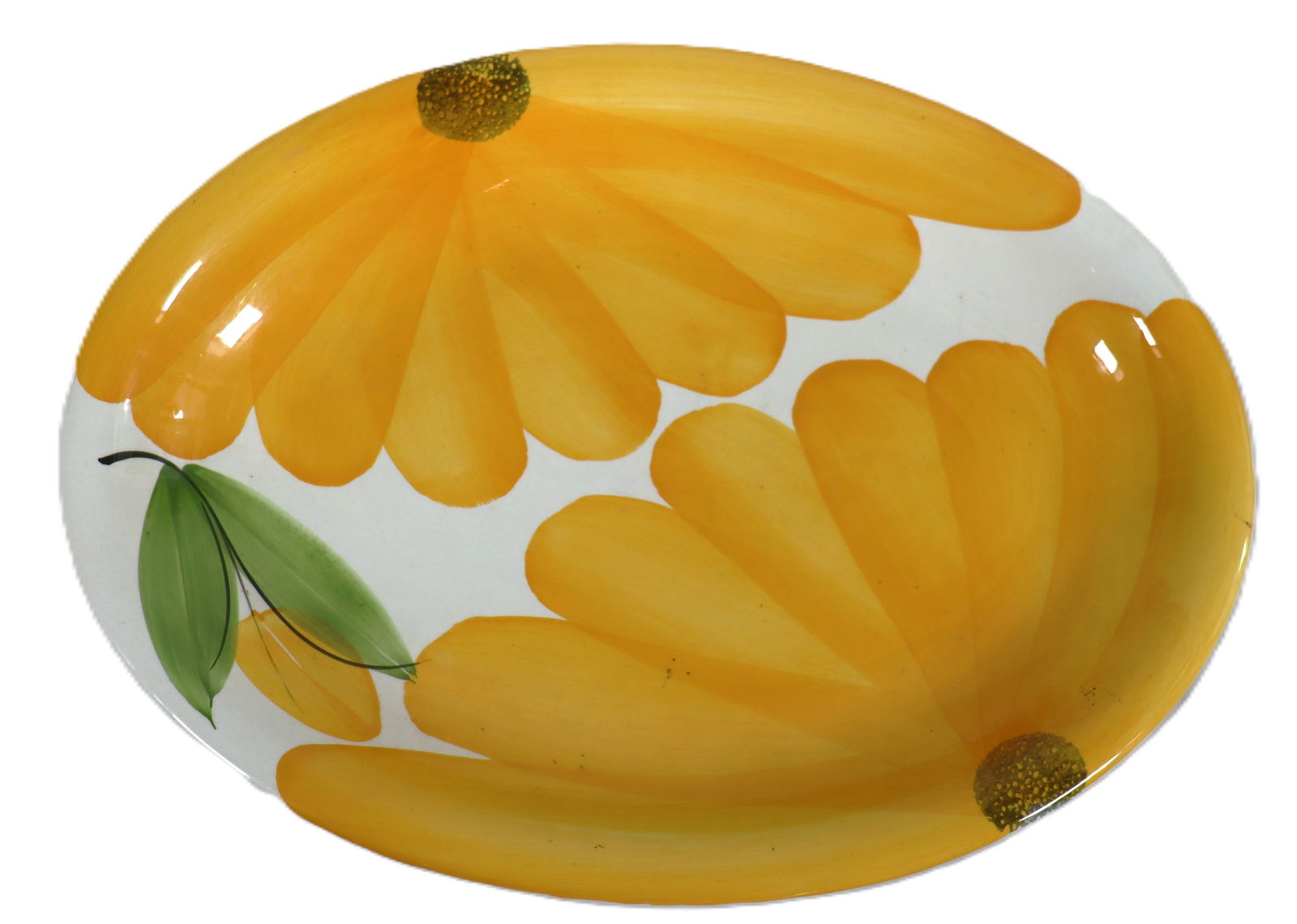 Vintage 1970s Italian Ceramic Castellania Ceramic Oval Platter: Vintage 1970s Italian Ceramic Castellania Ceramic Oval Platter, featuring a bright yellow floral design with green leaves. DIMENSIONS: Height: 2.75 inch / 7 cm &n