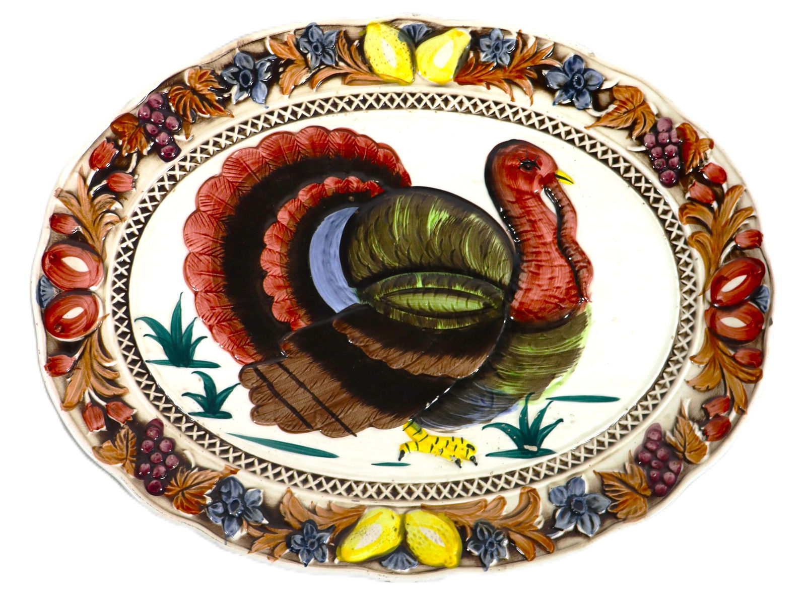 Vintage hand-painted ceramic turkey serving platter.: Vintage hand-painted ceramic turkey serving platter. made in Japan for companies like Towle, Gailstyn-Sutton, or Lefton in the mid-century period. Features a colorful, embossed turkey illu