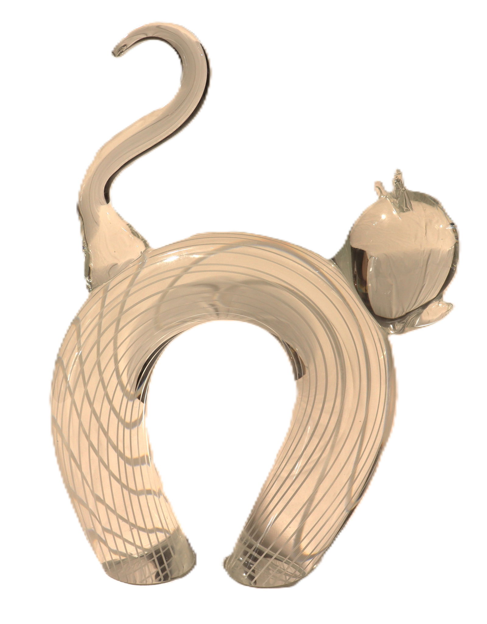 Murano Art Glass Cat Sculpture signed to the underside: Murano Art Glass Cat Sculpture signed to the underside An art glass sculpture depicting a cat with arched back and raised tail in clear glass with white inlaid stripes possibly Licio Zanetti (Ita
