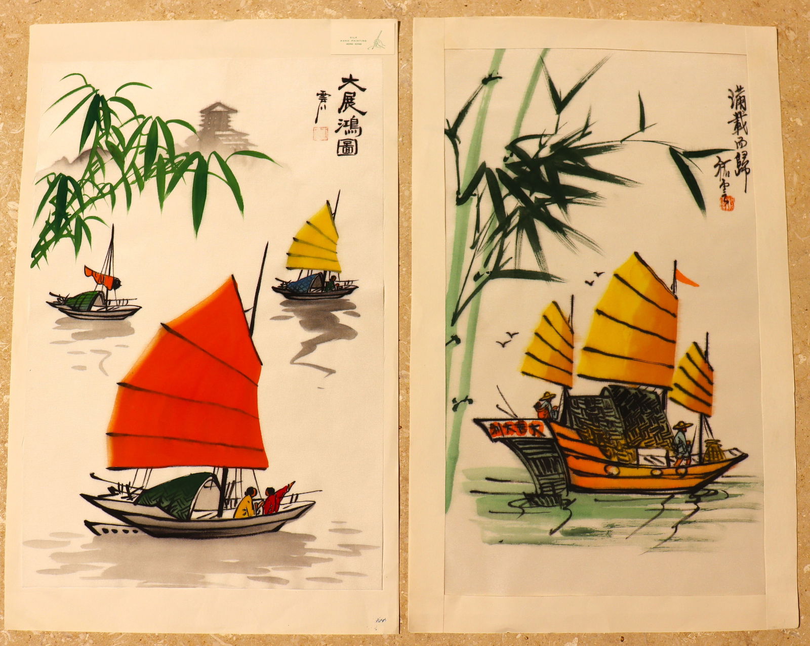 Two vintage Chinese watercolor painting on silk depicting traditional junk boats and bamboo. It is: DIMENSIONS for each One without frame: Height 18 inch / 45,7 cm &nbs