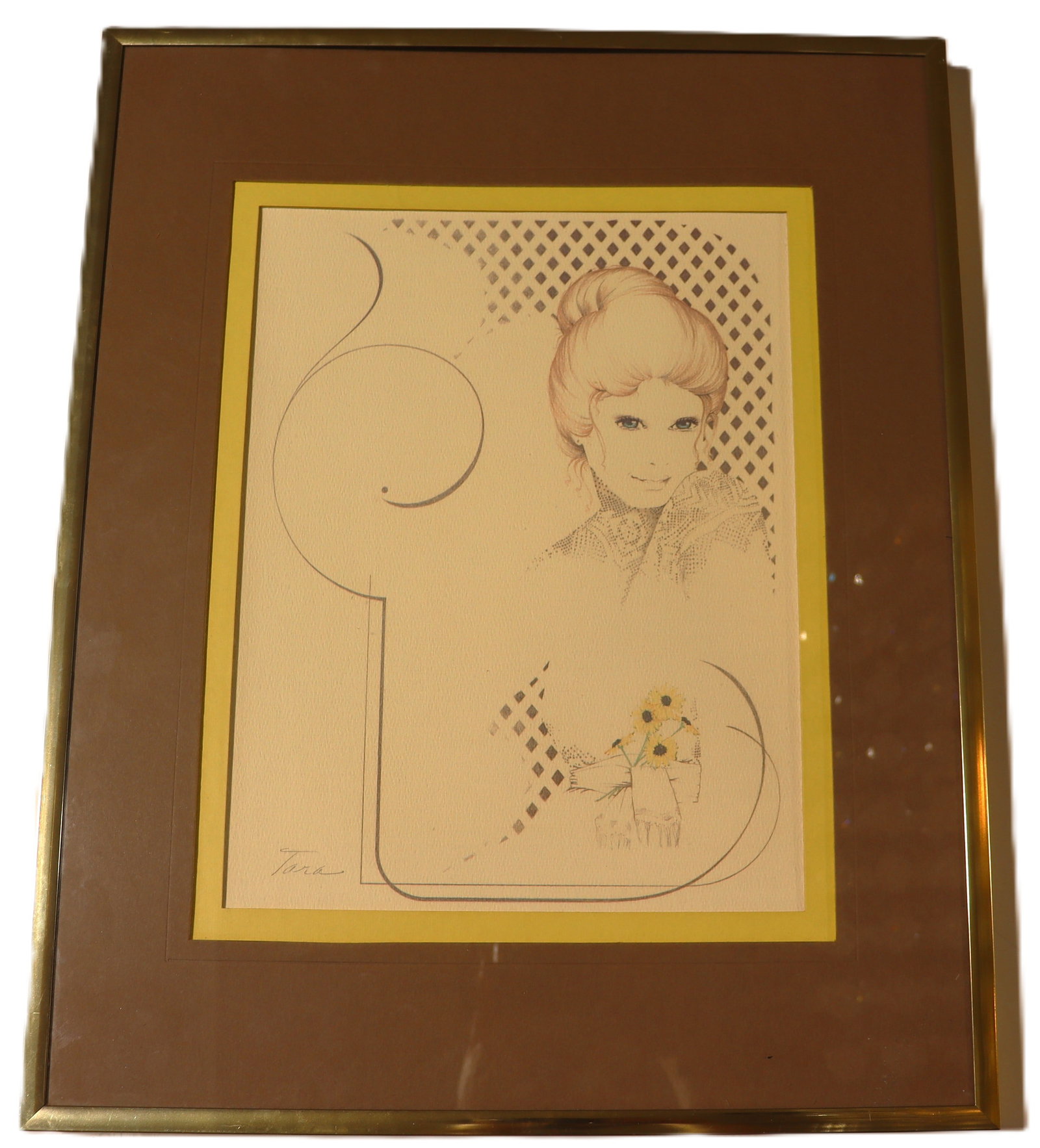 Vintage framed print is a lithograph signed by the artist William Tara.:  Vintage framed print is a lithograph signed by the artist William Tara. The artwork is from the 1970s, specifically often dated to 1975. It features a portrait of a woman with a bouffant ha