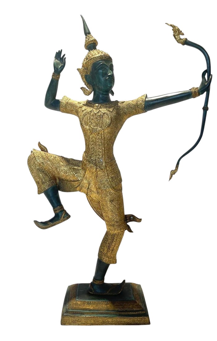 Bronze statue of prince Rama: Vintage Bronze Gold and Green Thai Figurine of Prince Rama with a BowVintage bronze statue in gold and green of Prince Rama shooting an arrow. The prince hero, Phra Rama (Rama), derived from Thailand&