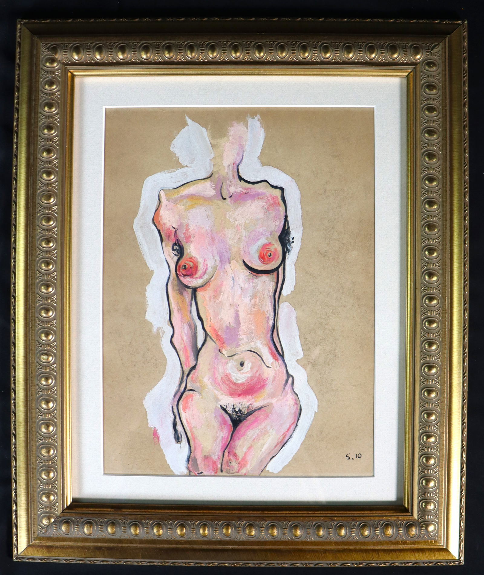 FRAMED Mixed Media on Paper Nude signed S.10: FRAMED Mixed Media on Paper Nude signed S.10 DIMENSIONS with frame: Height 17.60 inch / 44,7 cm &