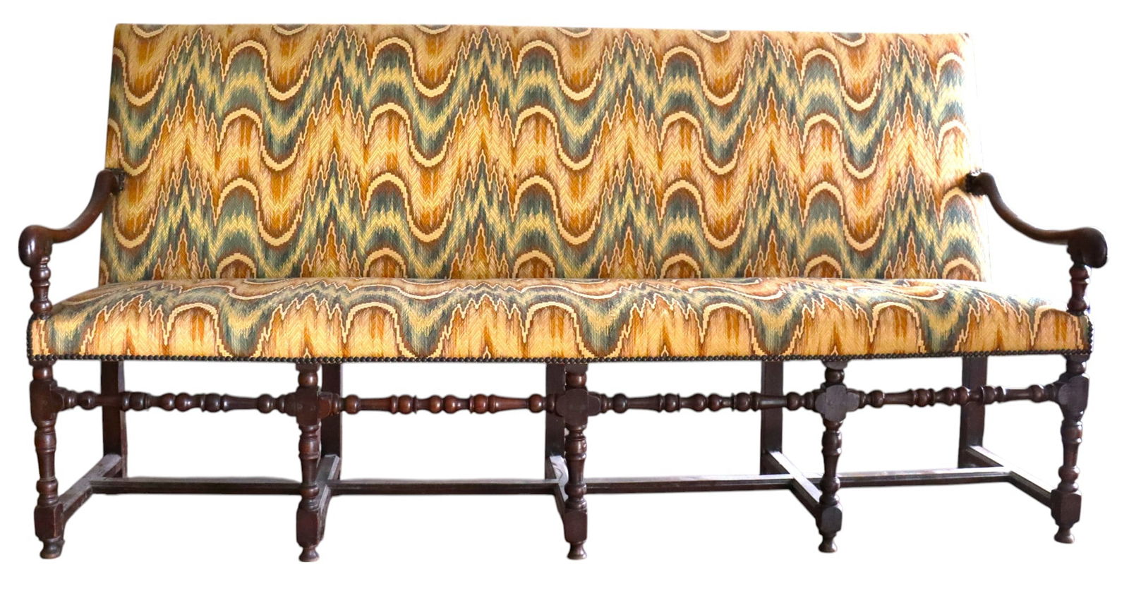 Antique French Louis XIII Sofa with polychrome herringbone trim fabric: Antique French Louis XIII Sofa with polychrome herringbone trim fabric (Point de Hongrie) DIMENSIONS: Height: 43 inch / 109 cm &nbs