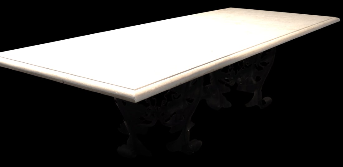 Large Travertine Slab Dining Table with two wrought iron pedestals (1 of 9)