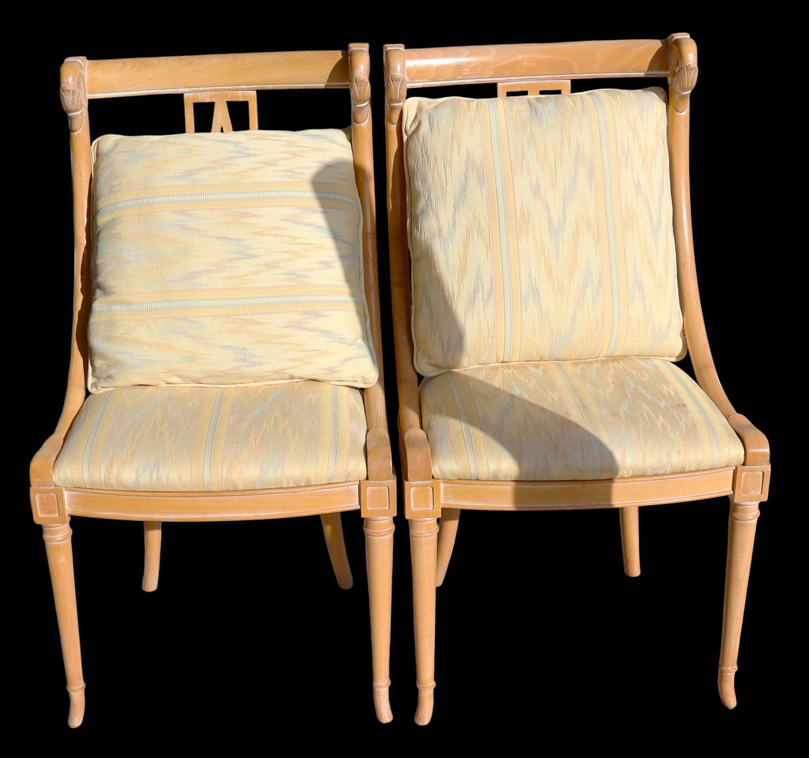 Pair of Regency style carved side chair, 20th C.,: Pair of Regency style carved side chair, 20th C., straight crest rail joining curved stiles with swan carved tops, pierced spooned splat, upholstered seat on turned and curved legs, DIMENSIONS fo