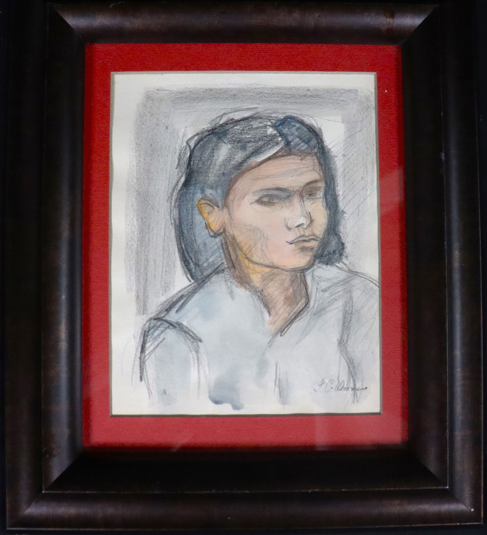 Framed Watercolor and charcoal on Paper signed J C Orozco (1 of 4)