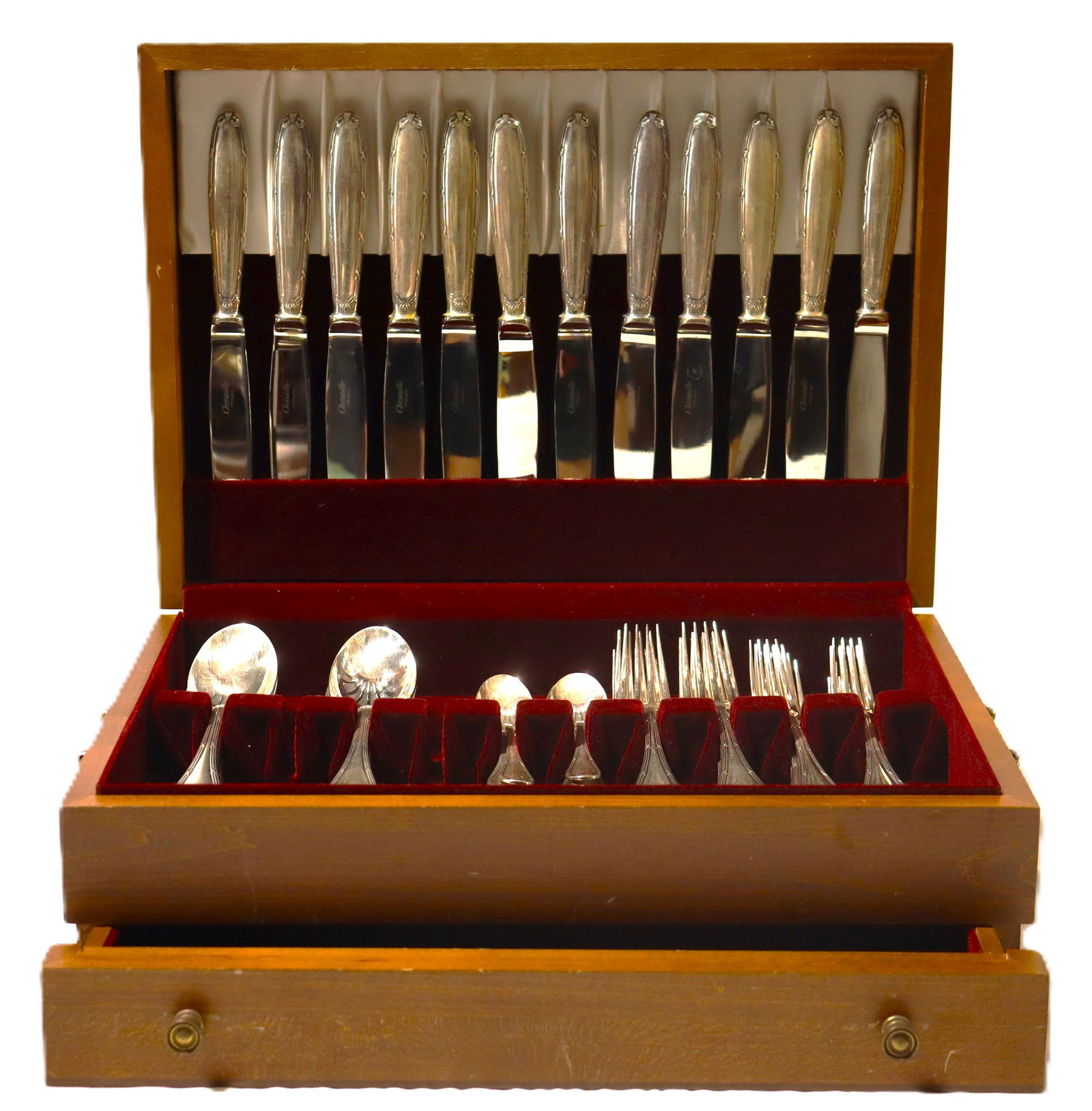 Service Set 50 pcs by Christofle France "Rubans" silver-plated flatware in a wooden storage case.: A set of Christofle "Rubans" silver-plated flatware. The "Rubans" pattern, created in 1907, is characterized by symmetrical ornamentation with crossed ribbons and bows, inspir