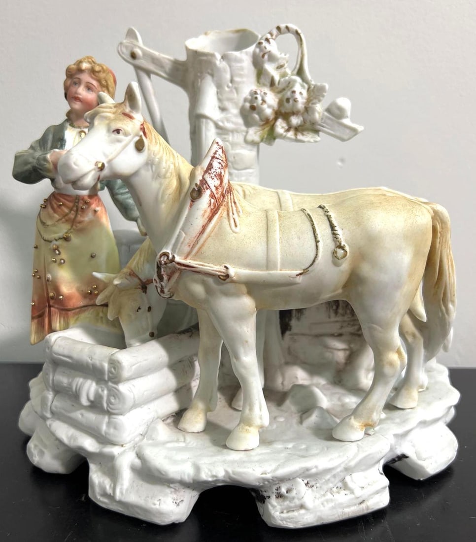 PORCELAIN GROUP FIGURINE WOMAN WITH TWO HORSES (1 of 7)