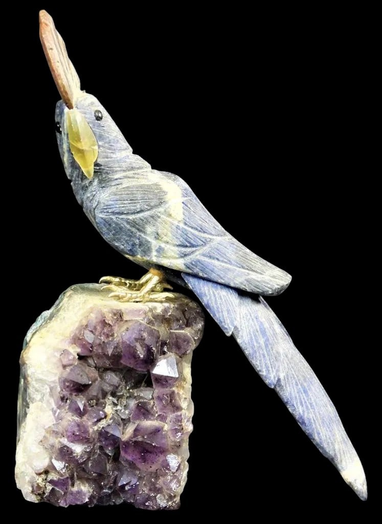 Hand-carved gemstone bird sculpture, likely representing a parrot or cockatoo, from Brazil. (1 of 9)