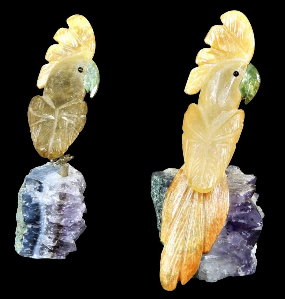 Two Brazilian Hand-Carved Gemstone Parrots (1 of 3)
