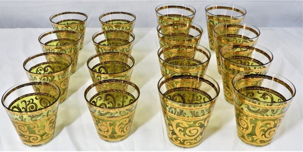 SET of 16 Culver Toledo 8 higball W/ 8 Lowball Glasses:  SET of 16 Culver Toledo 8 highball W/ 8 Lowball GlassesOffered for sale is a 1960s 16-piece set of Culver "Toledo" green and gold highball and lowball glasses. All of the