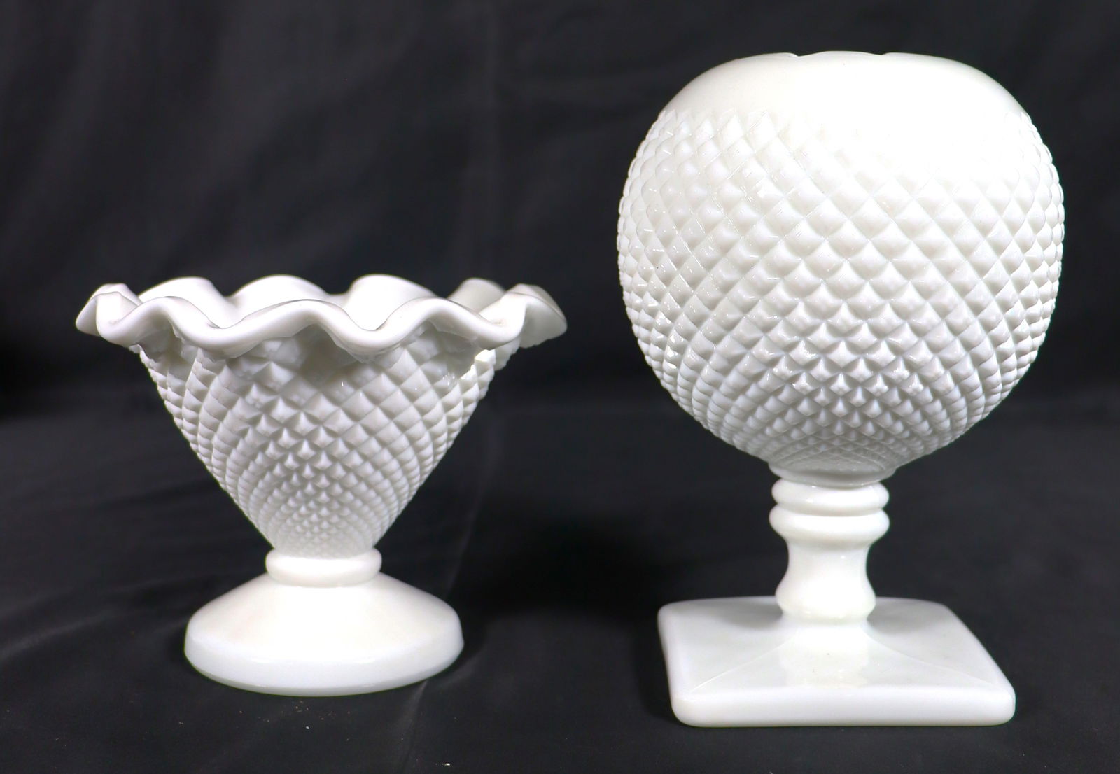 Vintage Westmoreland milk glass pieces in the English Hobnail pattern, specifically a pedestal ivy: Vintage Westmoreland milk glass pieces in the English Hobnail pattern, specifically a pedestal ivy ball vase and likely a matching compote or candy dish. The "English Hobnail" pattern,