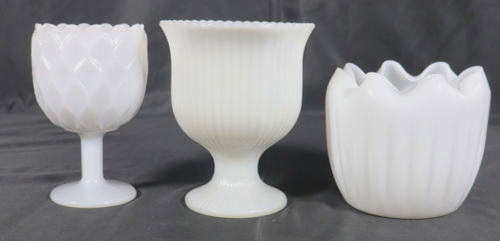 Vintage white milk glass items, including a diamond-patterned goblet and footed planters or vases (1 of 6)