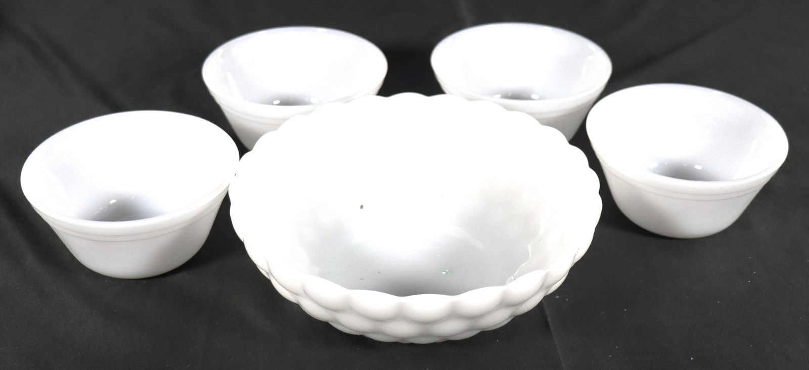 Vintage milk glass serving set featuring a large serving bowl with "Bubble" pattern, and four (1 of 8)