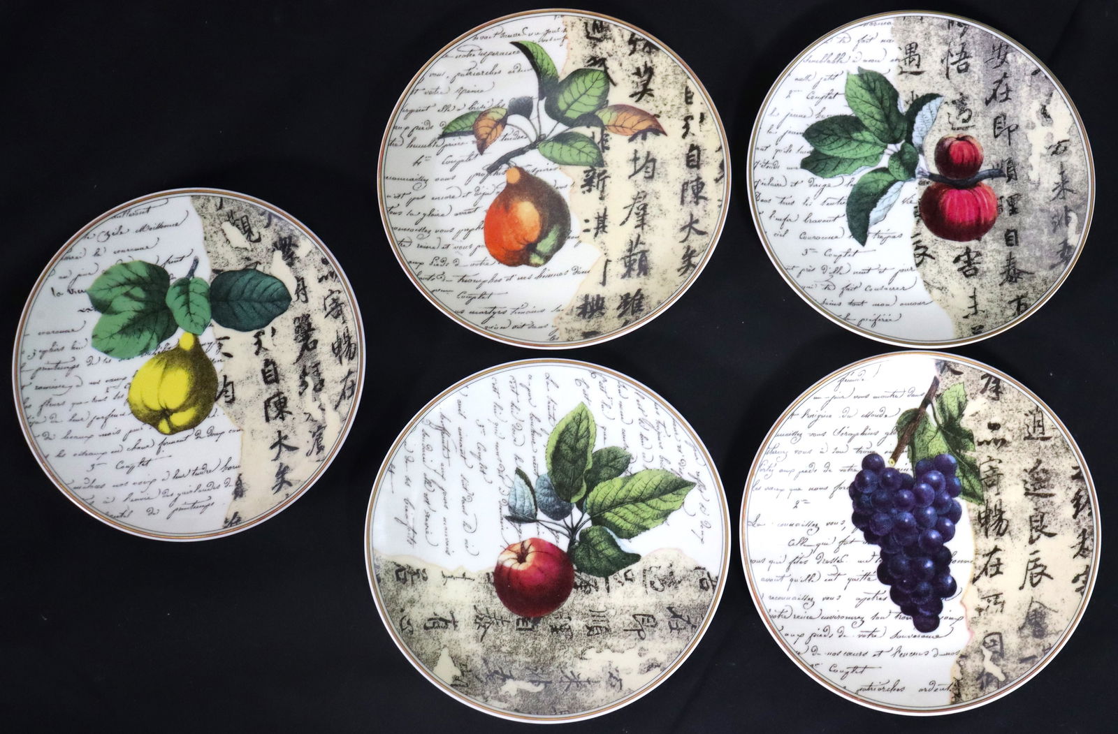 A Set of 5 Bernardaud "POETRY" Porcelain Limoges France Canape/Appetizer Plates: A Set of 5 Bernardaud "POETRY" Porcelain Limoges France Canape/Appetizer Plates in their Aesthetic Poesie / POETRY Pattern (1995-2002) with Written Poetry, Asian Lettering and Fruits, w