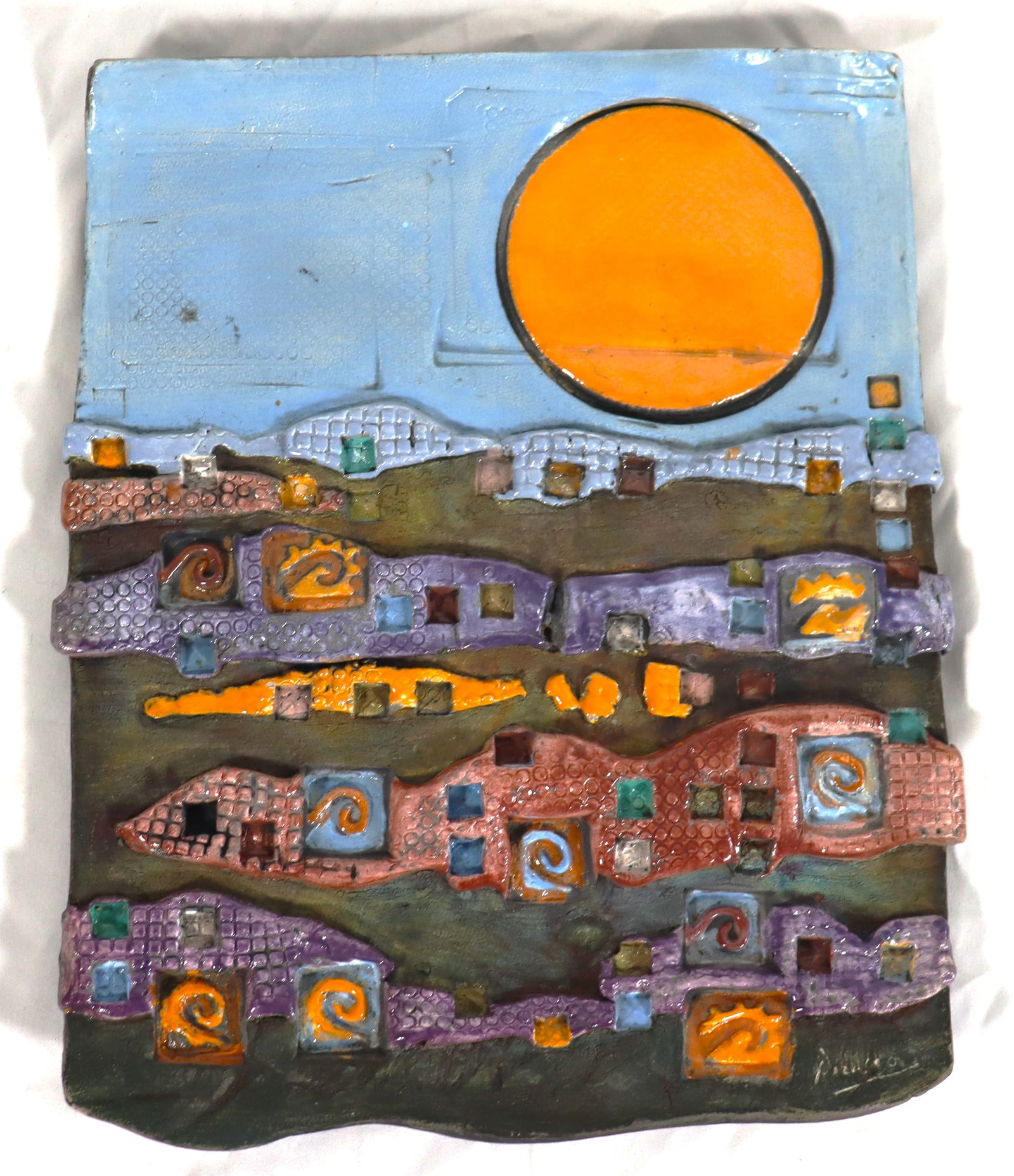 Vintage ceramic art with an abstract landscape design signed Picasso: Vintage ceramic art with an abstract landscape design signed Picasso We do not have a COA for this piece and is therefore being sold in the manner of PicassoIt features a prominent orange circle,