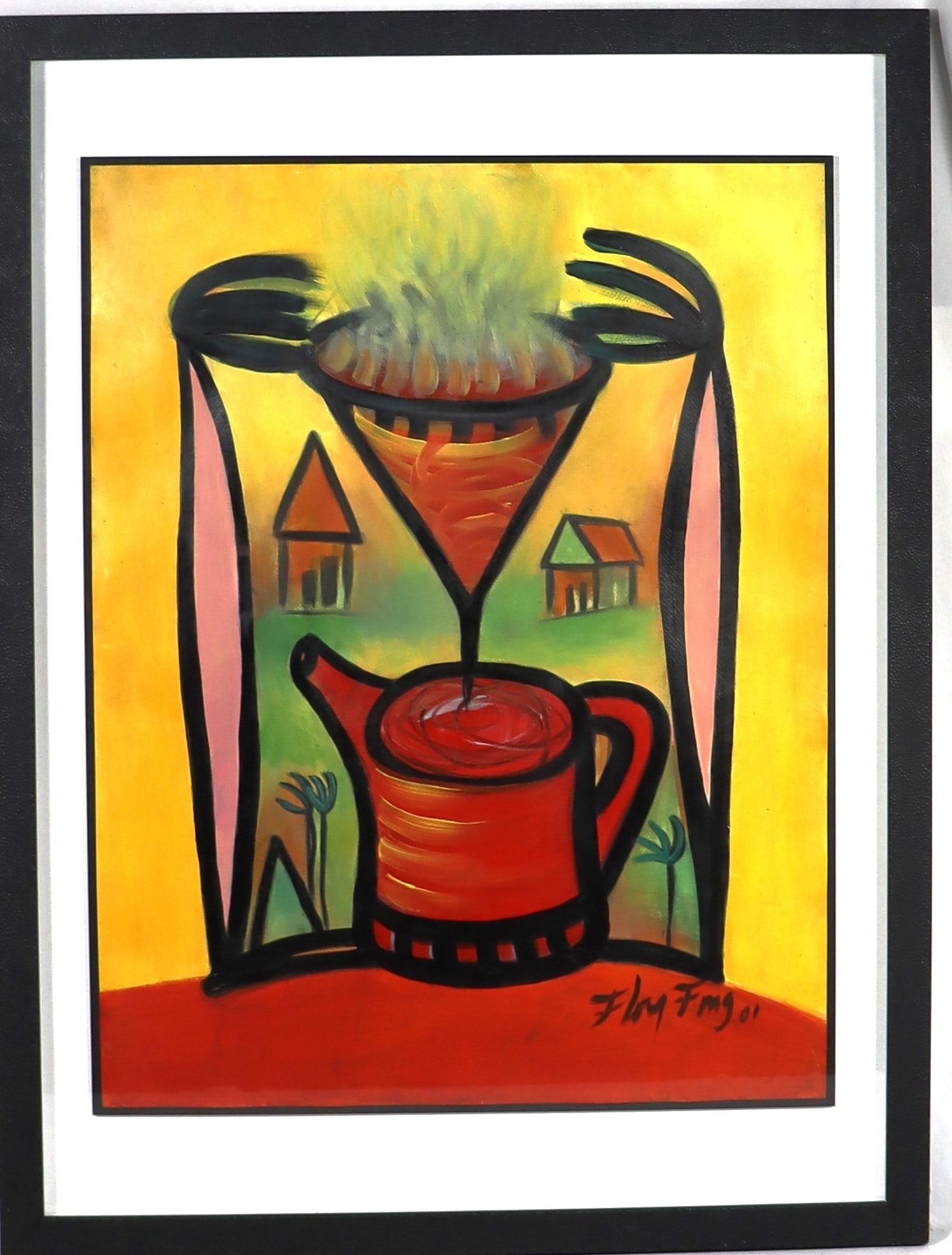 Framed Acrylic on Paper signed Flora FONG and dated 2001 Titled CAFETERA CON PAISAJE: Framed Acrylic on Paper signed Flora FONG Garcia and dated 2001 Titled CAFETERA CON PAISAJE with COA from the Artist DIMENSIONS with frame: Height 33.50 inch / 85 cm 