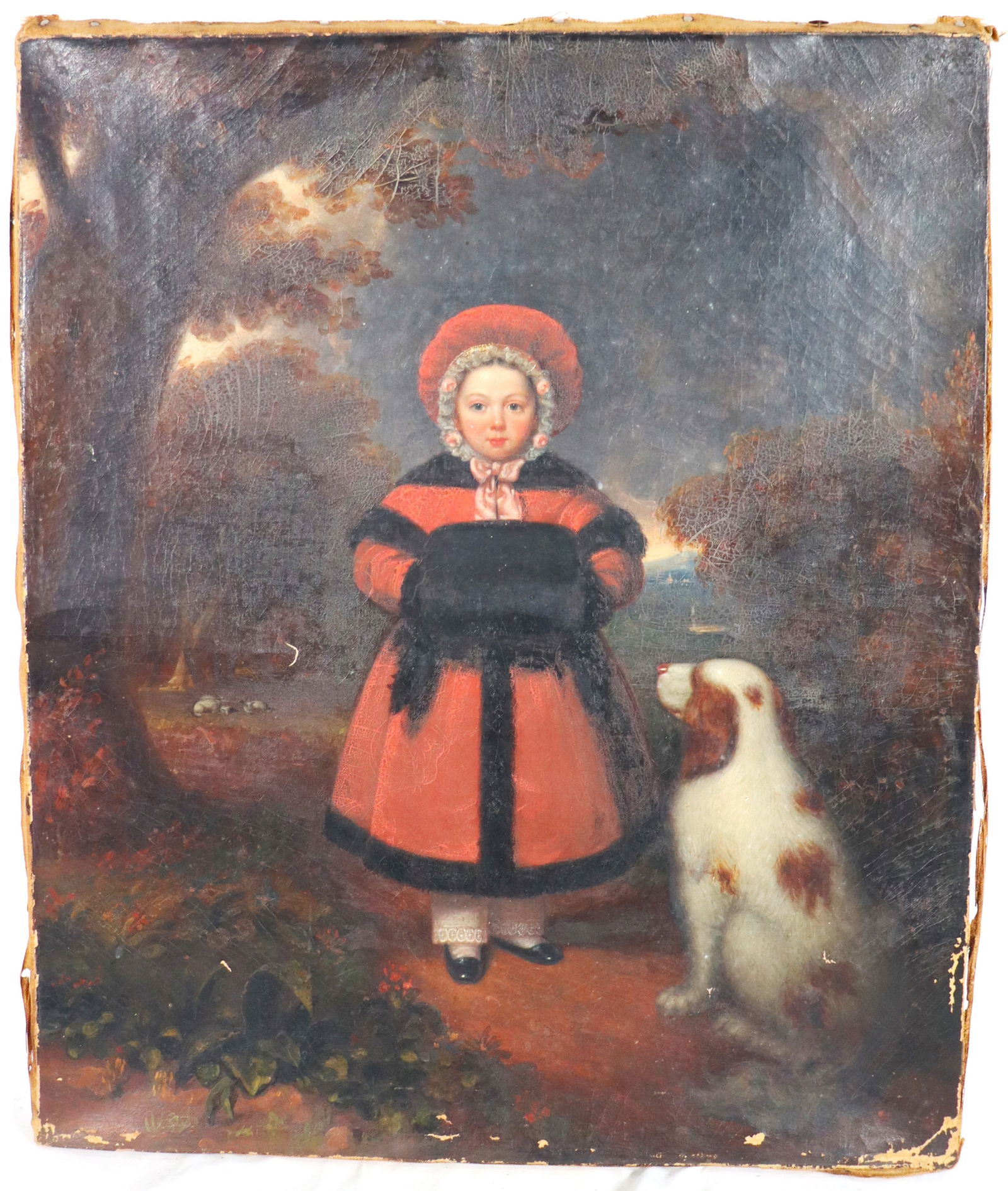 Oil on Canvas painting titled Portrait of a Girl with a Dog Signed "Painted by F.R. Spencer" at: Oil on Canvas painting titled Portrait of a Girl with a Dog Signed "Painted by F.R. Spencer" at canvas verso dated 1840Frederick Randolph SPENCER (1806-1875) AmericanThe painting is an oil