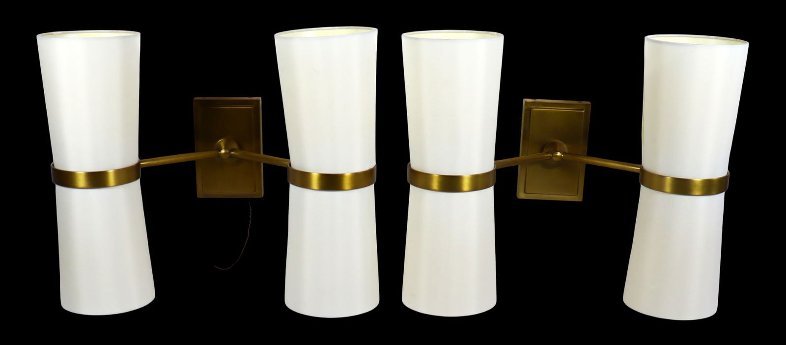 Vintage Pair of golden Finish; Ivory/White Round Drum Shades.: Vintage Pair of golden Finish; Ivory/White Round Drum Shades. This wall sconce lighting is finished in brass throughout.DIMENSIONS for each one: Height: 15 inch / 38 cm 