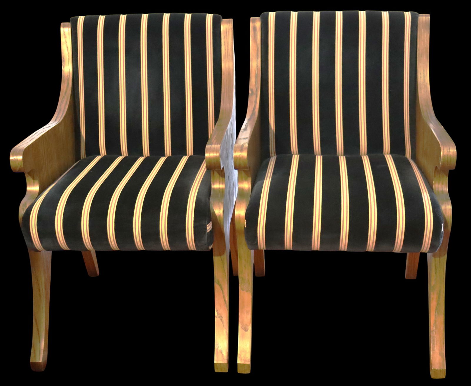 Two Vintage black and gold striped armchairs Empire or Regency style,: Two Vintage black and gold striped armchairs Empire or Regency style, a look that has been reproduced in various forms since the mid-20th century. They feature a wooden frame with a polished