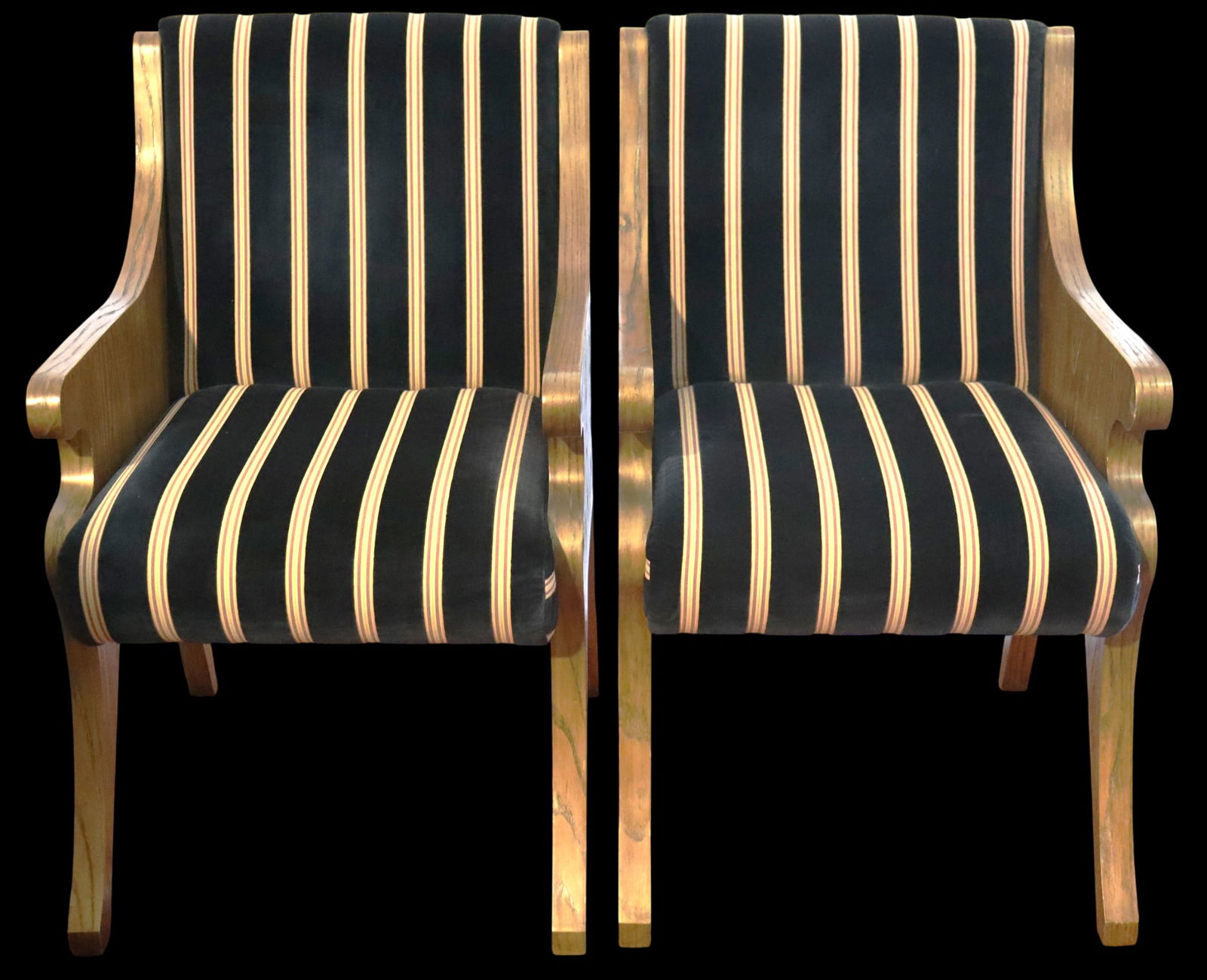 Two Vintage black and gold striped armchairs Empire or Regency style,: Two Vintage black and gold striped armchairs Empire or Regency style, a look that has been reproduced in various forms since the mid-20th century. They feature a wooden frame with a polished