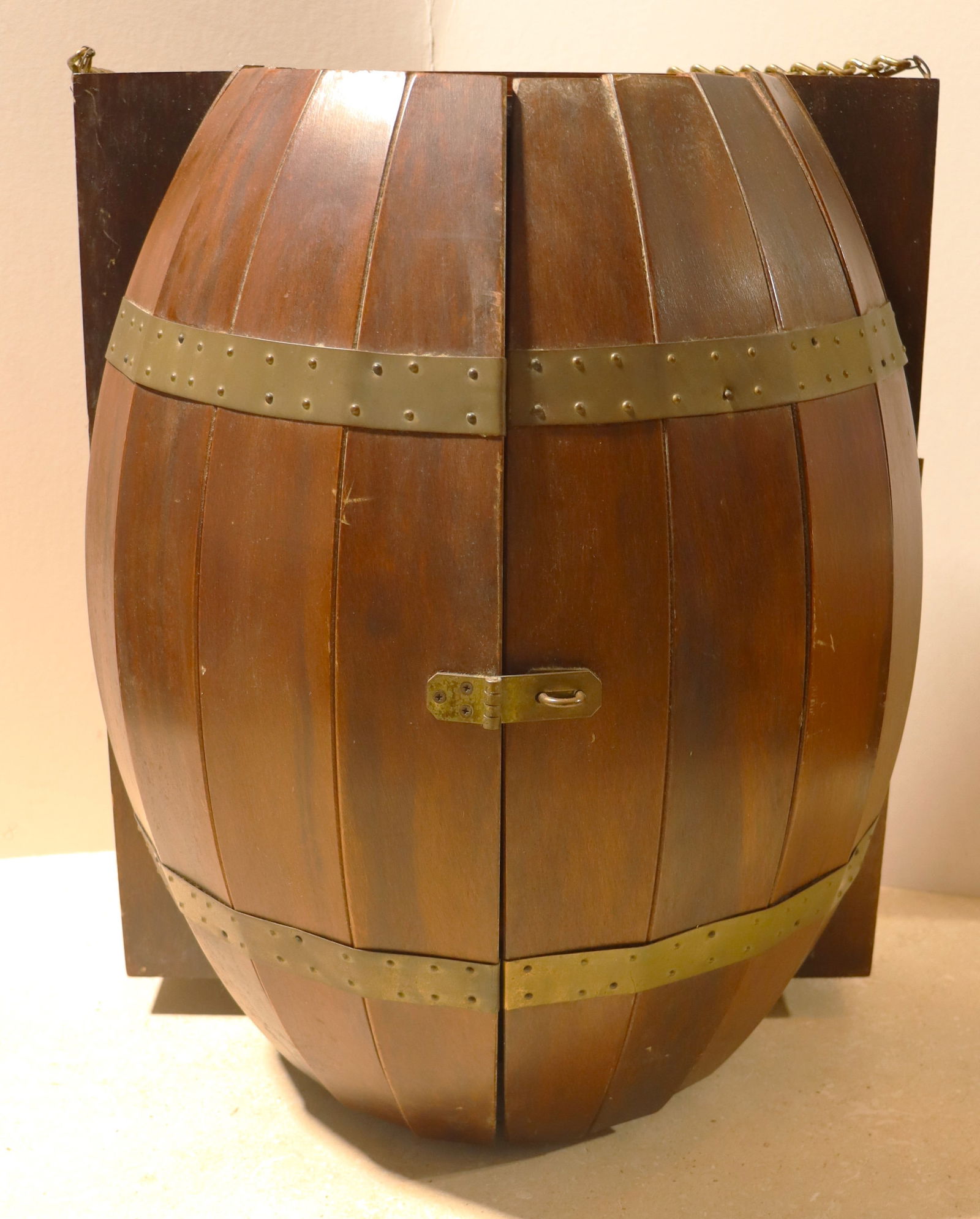 vintage or mid-century wooden half-barrel bar cabinet or liquor cabinet (1 of 10)