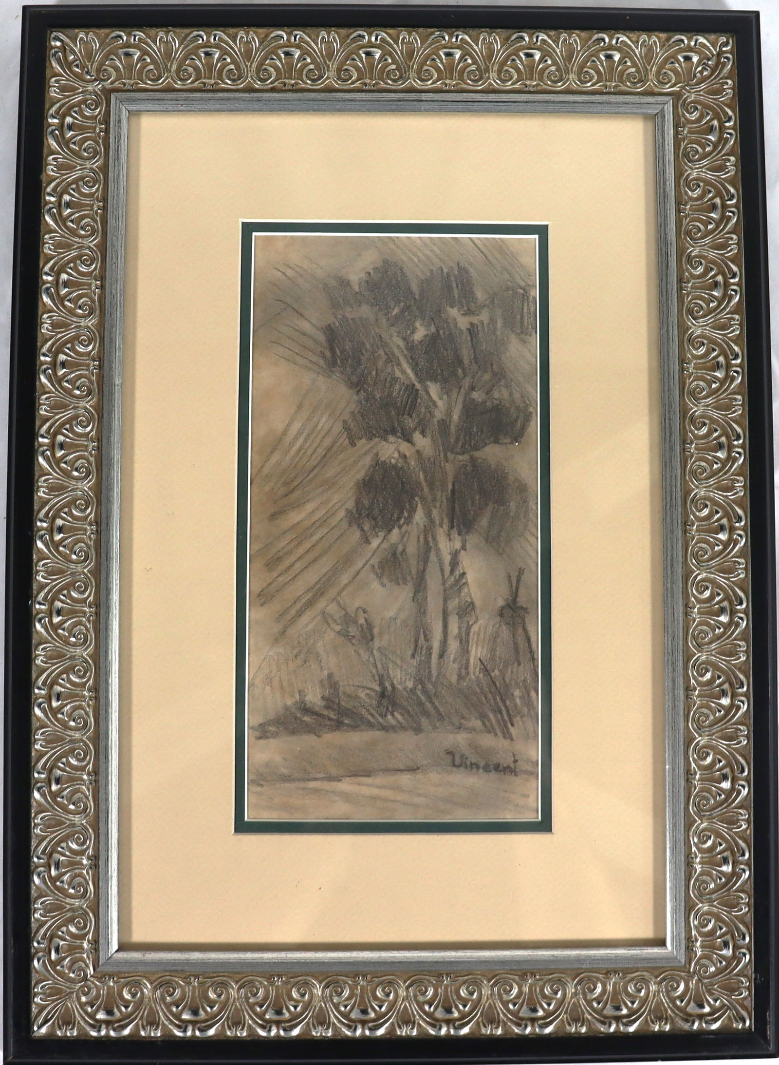Framed drawing on Paper, likely a landscape sketch, signed "Vincent". (1 of 5)
