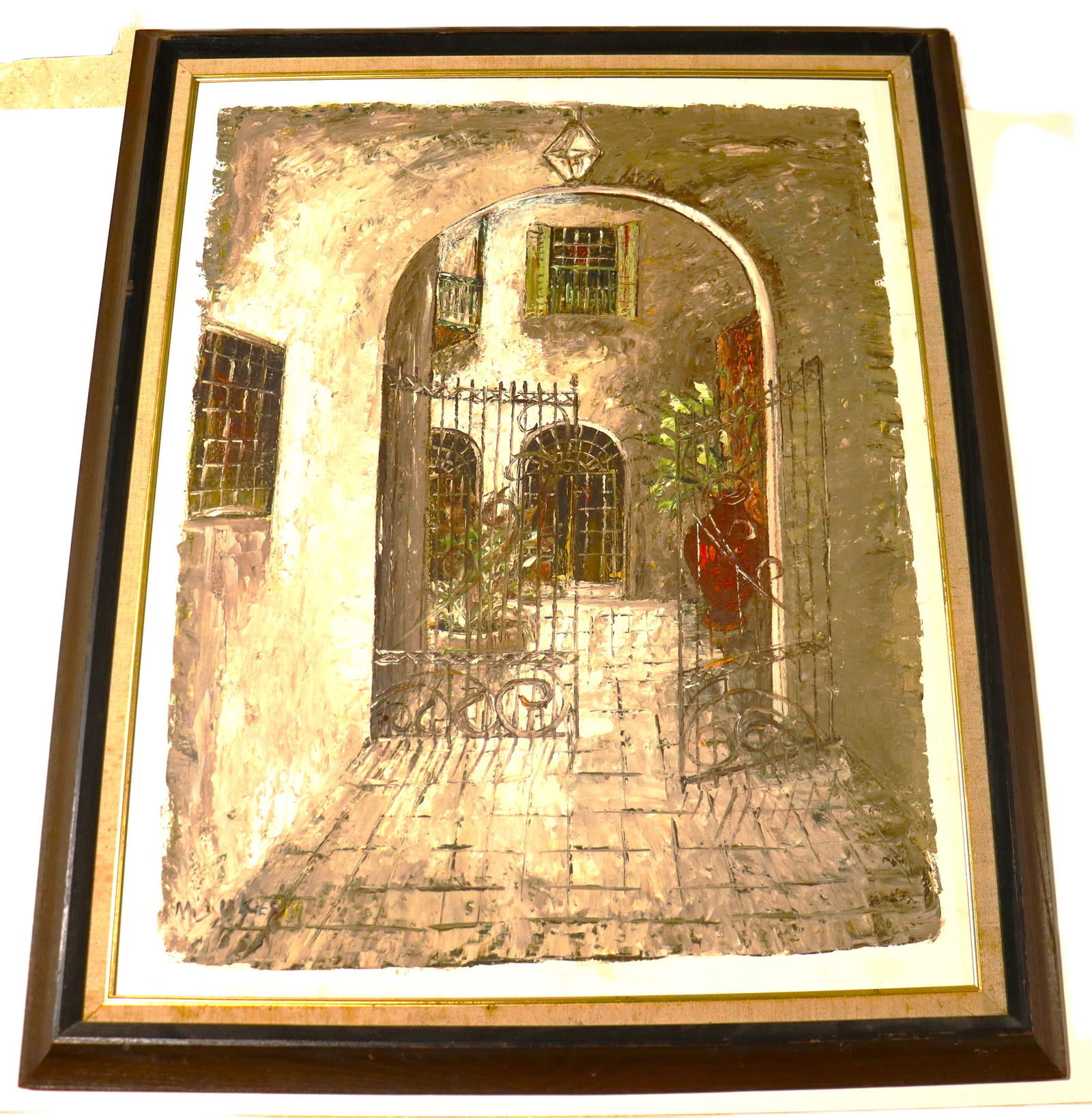Framed vintage oil on wood on panel depicting a New Orleans French Quarter courtyard scene. signed (1 of 4)