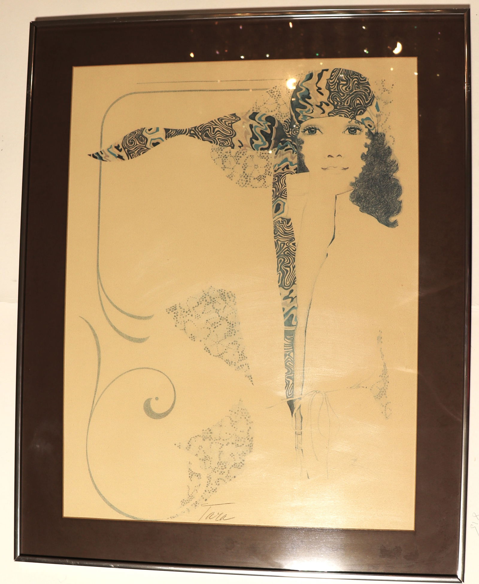 Framed vintage Lithograph signed by William Tara.: Framed vintage Lithograph signed by William Tara. The artwork is known by names such as "W" or "Girl by Tara". It depicts a woman in a fashion-forward