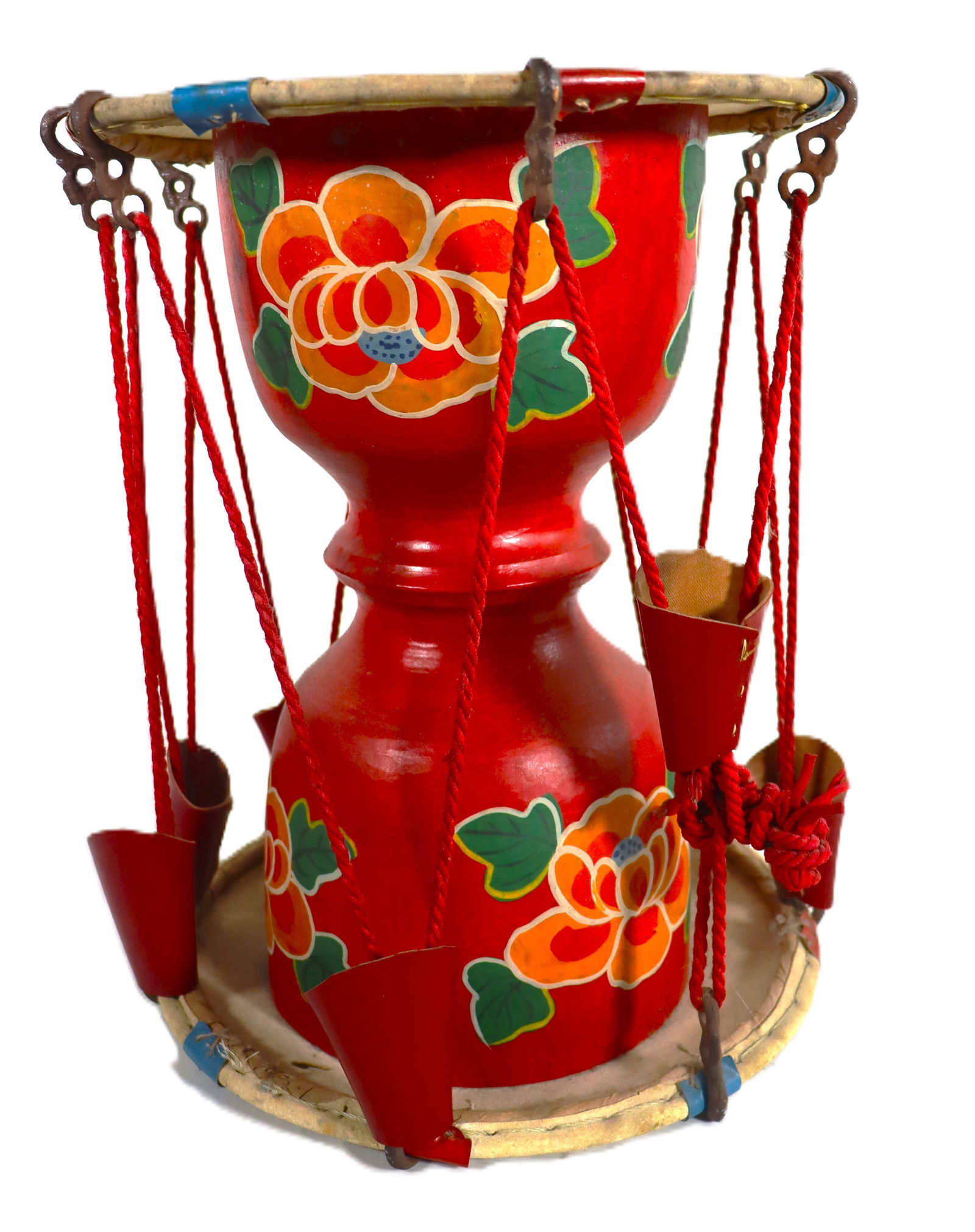 Vintage Korean Janggu (or Janggo) hourglass-shaped drum,: Vintage Korean Janggu (or Janggo) hourglass-shaped drum, It is a traditional Korean percussion instrument. The drum has an hourglass-shaped body, typically made of wood, with two heads made