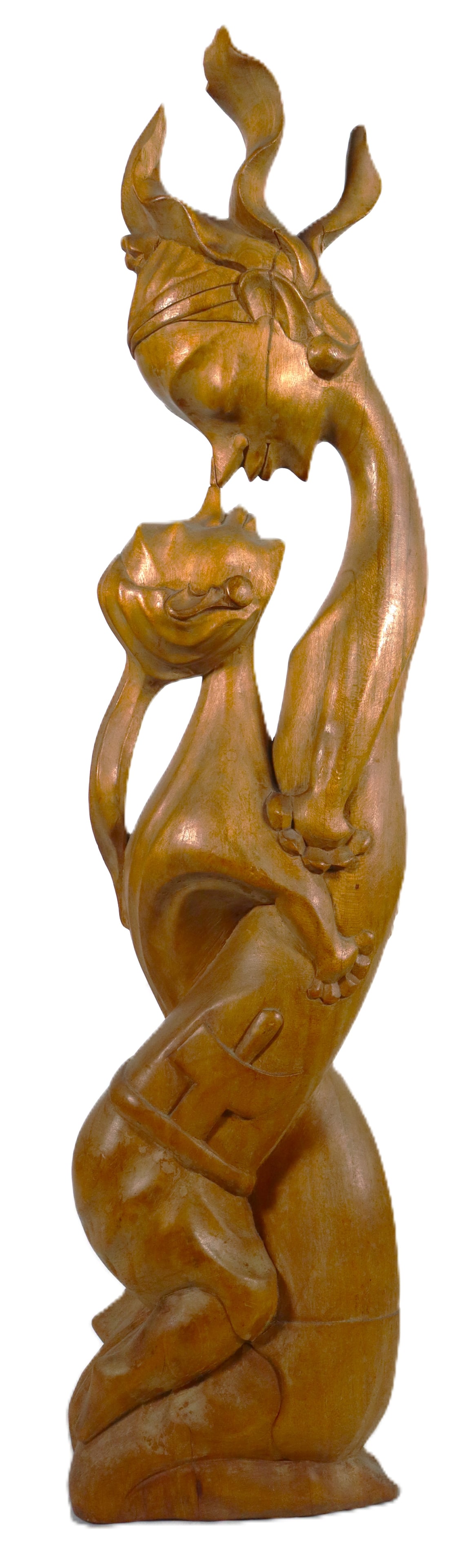 Vintage modernist hand-carved wooden sculpture depicting a loving couple or mother and child.: Vintage modernist hand-carved wooden sculpture depicting a loving couple or mother and child. It is often attributed to Balinese or Indonesian artisans. The abstract design symbolizes